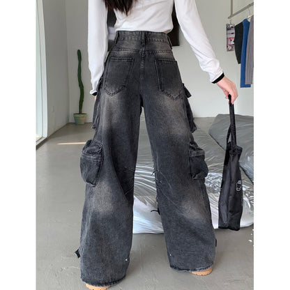 sanyamk non binary outfits American-Style Washed Worn Multi-Pocket Workwear Jeans Women's Street Straight Loose Wide-Leg Trousers