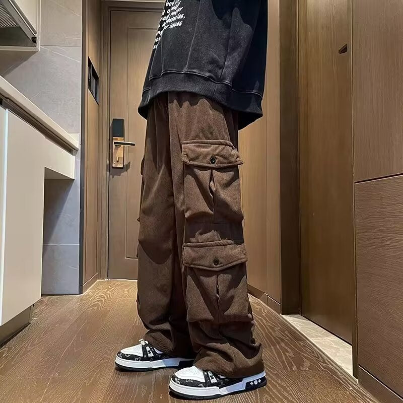 sanyamk 90s streetwear American Retro Multi-Pocket Overalls Men's New Spring and Autumn Niche Loose Corduroy Wide-Leg Pants