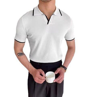 sanyamk masculine men Casual Lapel Polo Shirt Men's Business All-Match Slim Fit Micro Elastic T-shirt Summer Breathable Fashion Knitted Non-Ironing Short Sleeve