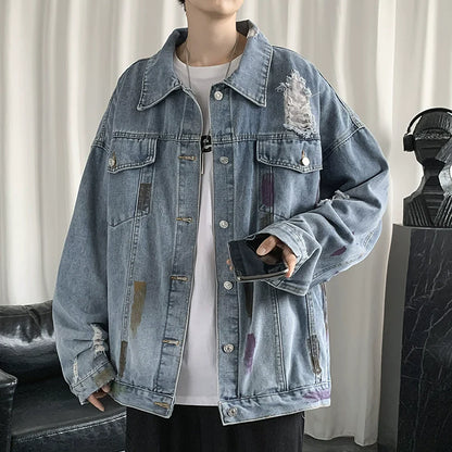 sanyamk Trendy Graffiti Hole Spring & Fall Loose Denim Jacket