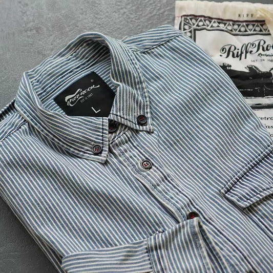 sanyamk classy outfits men Ameikaji Retro Classic Re-Washed Denim Striped Shirt Men's Spring and Autumn Long Sleeve Cotton Loose Shirt