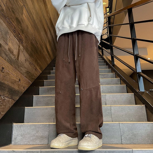 sanyamk men fall outfits casual American Retro Caramel Corduroy Pants Men's Autumn Belt Fixed Maillard Chenille Wide Leg Pants