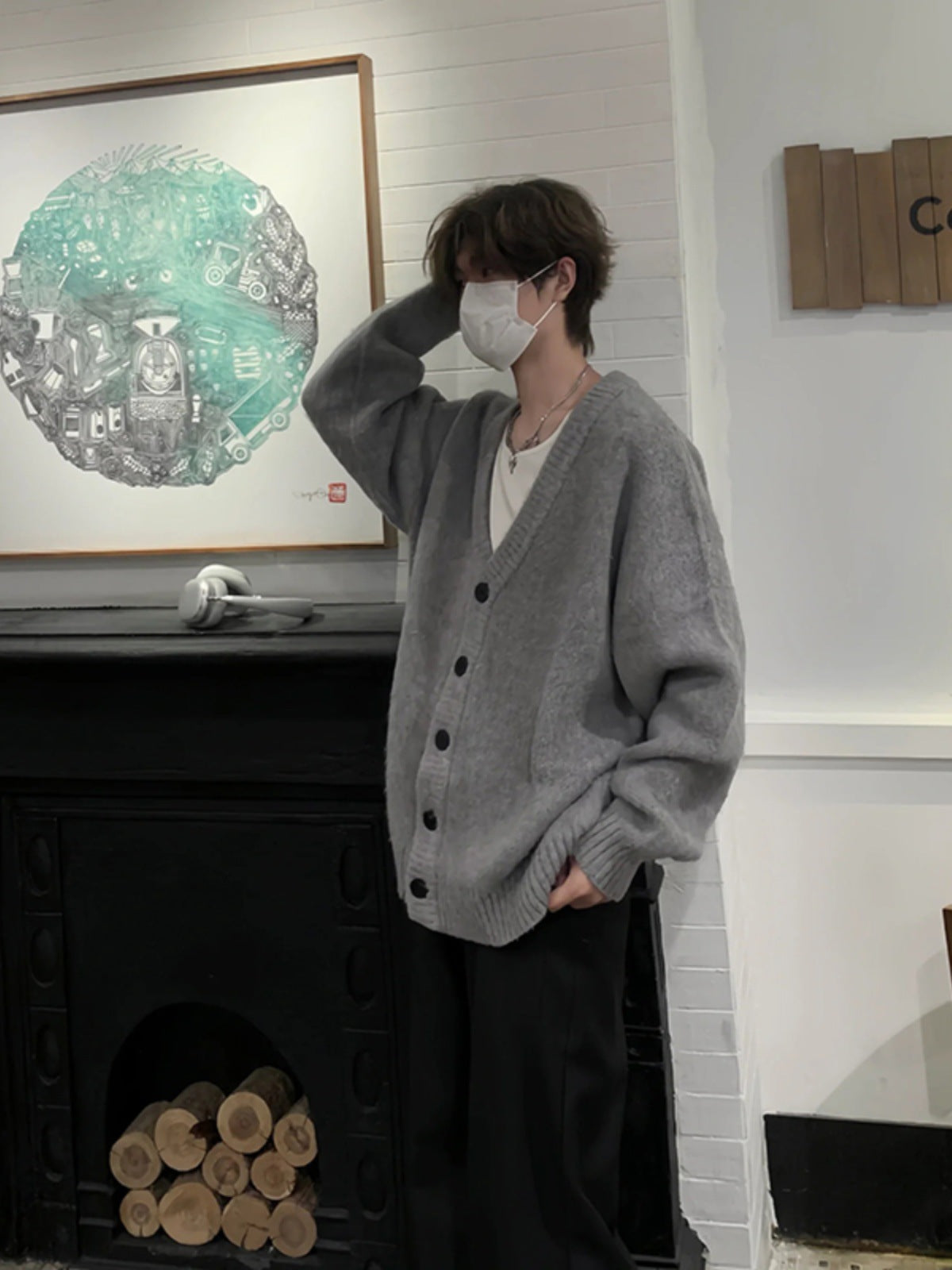 sanyamk Knitted Cardigan Coat Men's Autumn and Winter Lazy V-neck Sweater Oversize Korean Style Loose Top