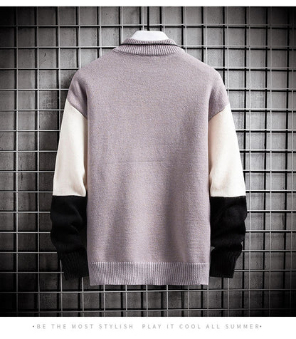 Bonsir  autumn and winter new sweater warm fashion stitching color matching pullover round neck sweater thickened knitted sweater