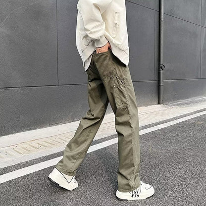 Bonsir fall outfit men Army Green Logging Pants Men's Autumn American High Street Vibe Straight Pants Loose Ruan Handsome Casual Overalls Boys