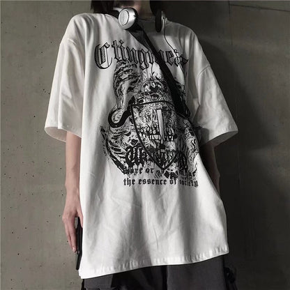 Bonsir 90s streetwear INS Dark Street Hip Hop Personality All-Match Loose round Neck Short Sleeve T-shirt Dark