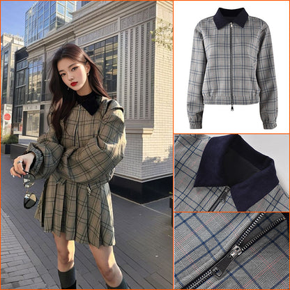 Autumn and winter women's clothing fashion plaid suit skirt loose and thin short coat women's pleated skirt two-piece set K9056