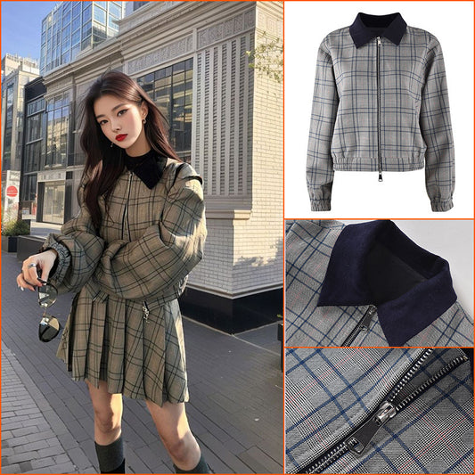 Autumn and winter women's clothing fashion plaid suit skirt loose and thin short coat women's pleated skirt two-piece set K9056