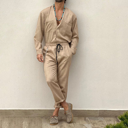 sanyamk Casual Cotton and Linen Suit Men's Casual Summer Vacation Solid Color Short-sleeved Shirt Straight Trousers Two-piece Set