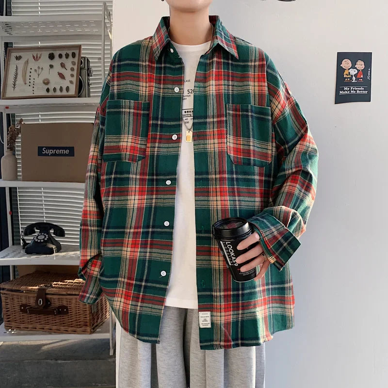 Bonsir Autumn Long Sleeved Shirt Men Fashion Oversized Plaid Shirt Men Streetwear Korean Loose Casual Shirts Mens Large Size M-5XL