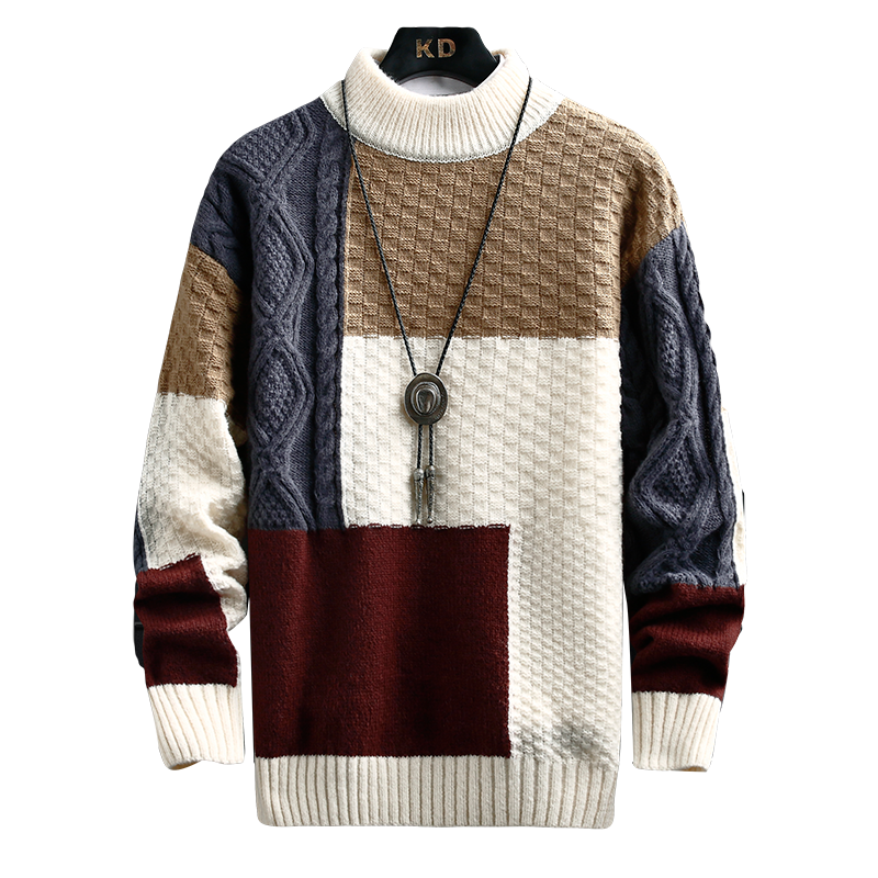 Bonsir  autumn and winter new sweater warm fashion stitching color matching pullover round neck sweater thickened knitted sweater