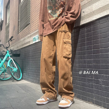 Bonsir Autumn Cotton Cargo Pants Men Fashion 3 Color Pocket Casual Pants Men Streetwear Hip Hop Loose Straight Pants Mens Trousers