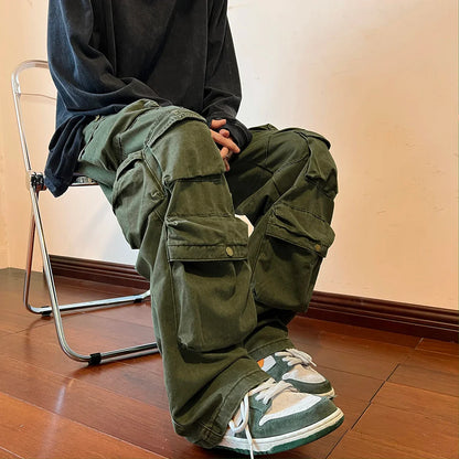 sanyamk Cargo Pants Multi-pockets Tooling Pant Harajuku Men's Vintage Loose Wide Leg Pants Streetwear Casual Hip-hop Mopping Trousers