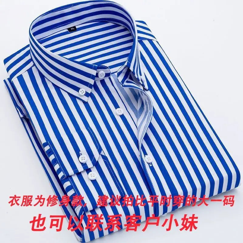 sanyamk New Spring and Autumn Long Sleeve Slim Fit Thin Casual Business Stripe Polo Collar Panel Button Pocket Oversize Men's Shirt