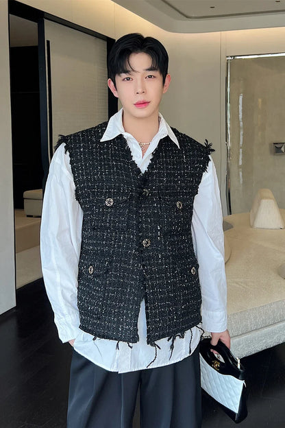 sanyamk Korean Style Coarse Tweed Vest Coat Trend Men Knit Burrs Casual Tank Tops Fashion Male Versatile Elgance Clothing 582acb