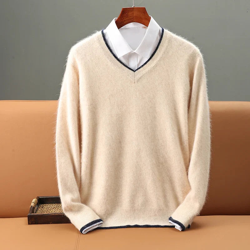 sanyamk Autumn Winter New Men's Sweater 100% Mink Cashmere Top V-Neck Knitted Pullover Casual Large Size Base Shirt warm Thick Menswear