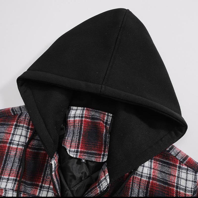 Bonsir Men's Autumn Winter Plaid Shirt Outwear Hood Mens Cashmere Thicken Shirt zipper Hoodies Jacket Men