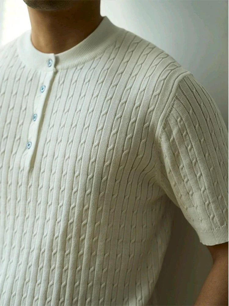 sanyamk  -  Stylish Mens Knitted T Shirt Summer Casual Solid Color Crew Neck Button Knit Pullover Tops Men Summer Vintage Knitting T-shirts