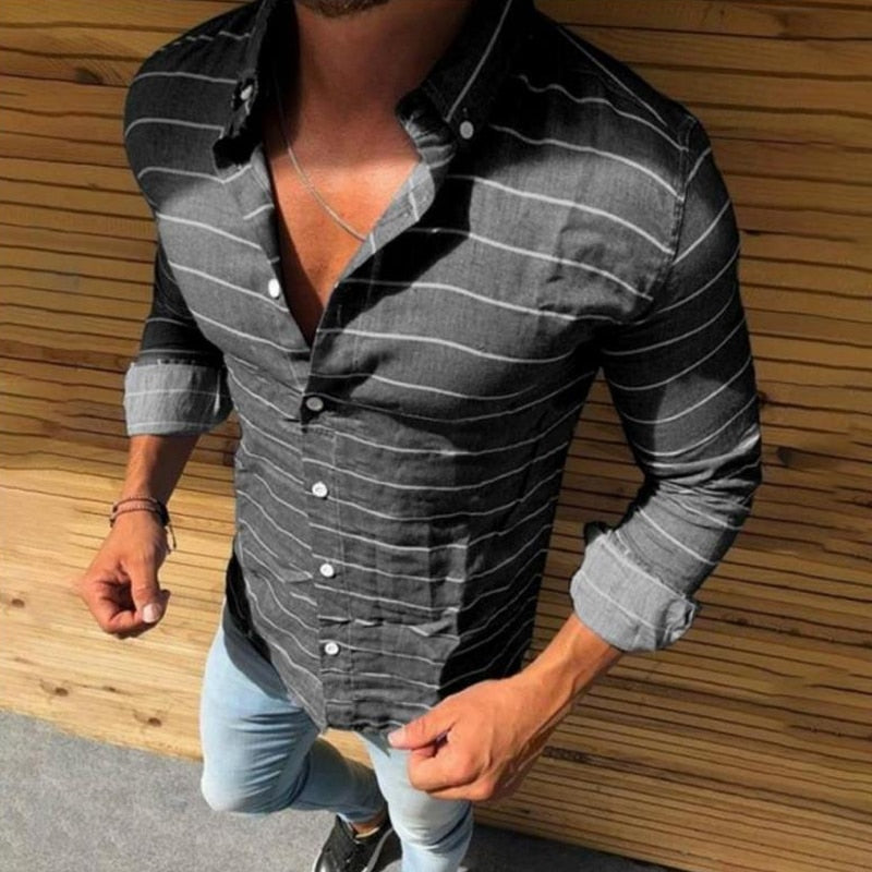 Bonsir Vintage Striped Printing Long Sleeve Shirts For Men Spring Autumn Casual Button-up Turn-down Collar Shirt Mens Fashion Tops