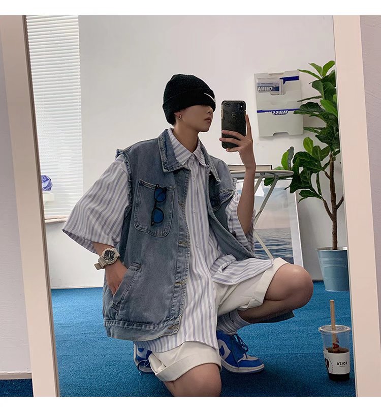 Bonsir Denim Sleeveless Jacket Men Fashion Oversized Harajuku Denim Jeans Casual Jeans Waistcoat Cowboy Hip Hop Streetwear Clothing