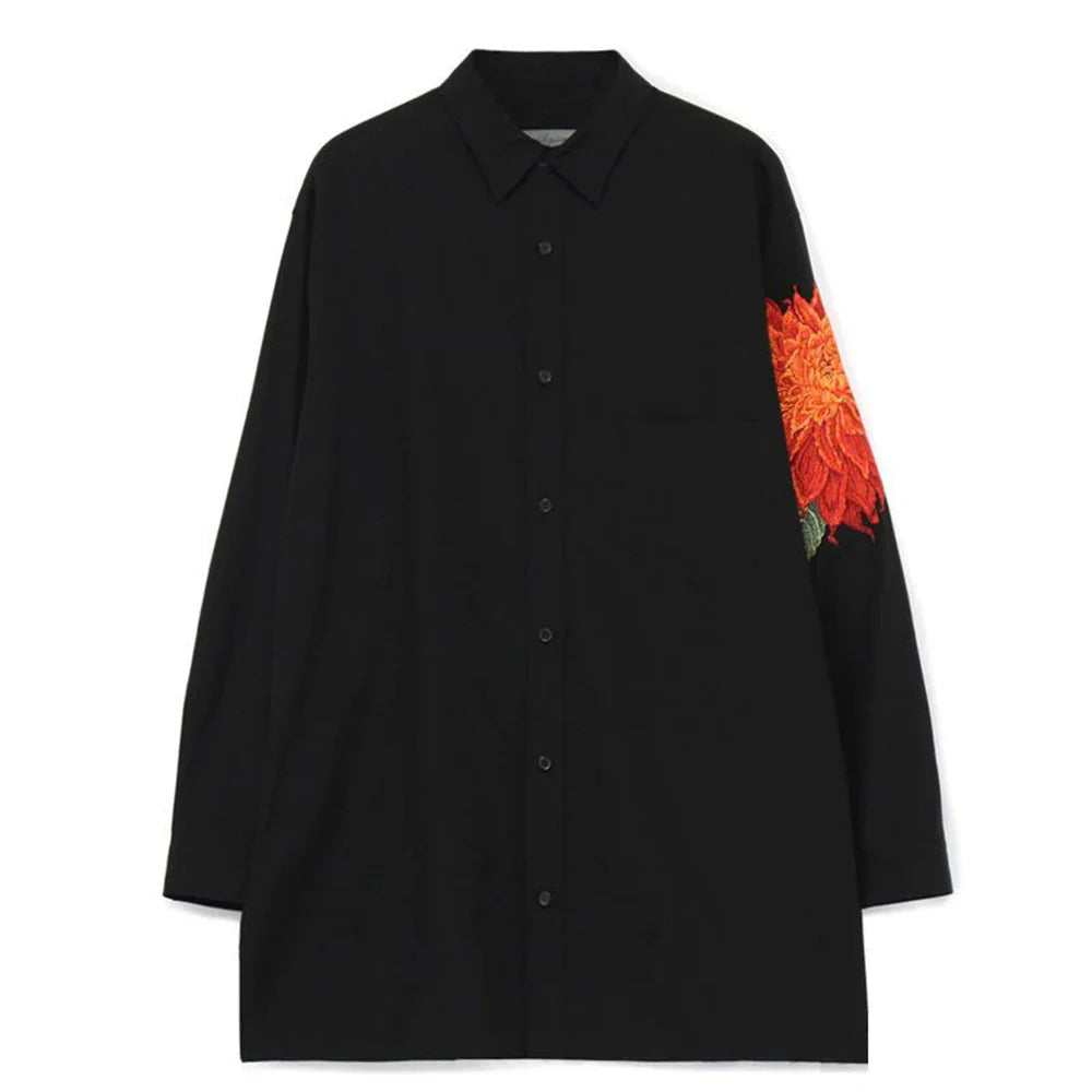 sanyamk Mens Japanese Red Dahlia Embroidered Shirt 2024 New Daily Floral Retro Essential Dark Style Long-Sleeved Shirt For Men