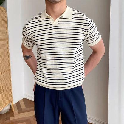 sanyamk  -  Mature Men Clothing Summer New V-neck Striped Knitted T-shirts for Men Short Sleeve Trend Simple Fashion Lapel Polo Shirts