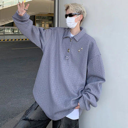sanyamk  -   American Style Men's T-shirts Loose Metal Pattern Design Turn-down Collar Long Sleeve Casual Male Tees Strylish 9C6599