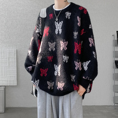 Bonsir Autumn Winter Butterfly Jacquard Pattern Sweater New Popular Casual Round Neck Contrast Color Knitted Men's Knitwear Pullover