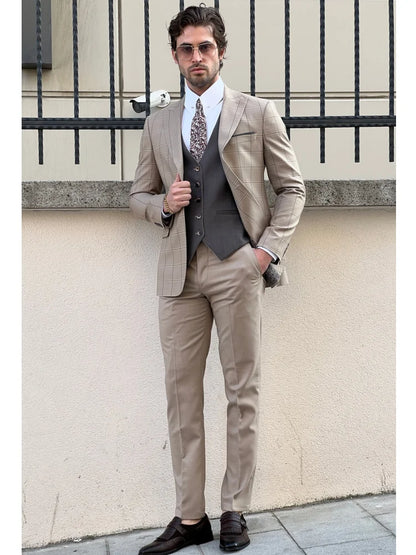 sanyamk Beige Men Suit 3 Pieces Plaid Jacket Gray Vest One Button For Wedding Birthday Business Casual Set Jacket Vest With Pants