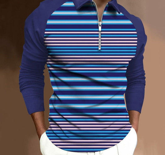 sanyamk Men's Striped  Printing Polo Shirt Long Sleeve With Zipper Business Casual Polo Shirt 2022 New Autumn High Quality Vacation Tops