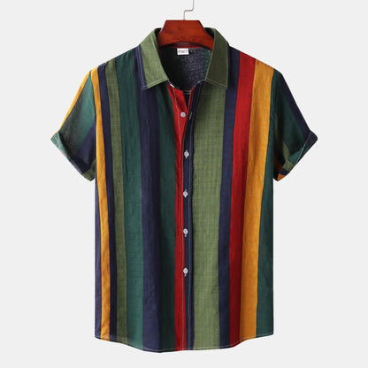 sanyamk High Quality Men's Shirt Rainbow Stripe Short Sleeve Cotton Linen Men Shirts 2024 Summer Fashion Beach Style Shirts Handsome