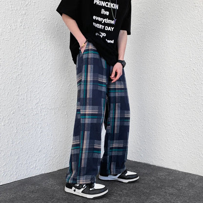 Bonsir Summer plaid nine-point pants men's wide-legged large size loose casual leggings American high street straight leg mopping pants