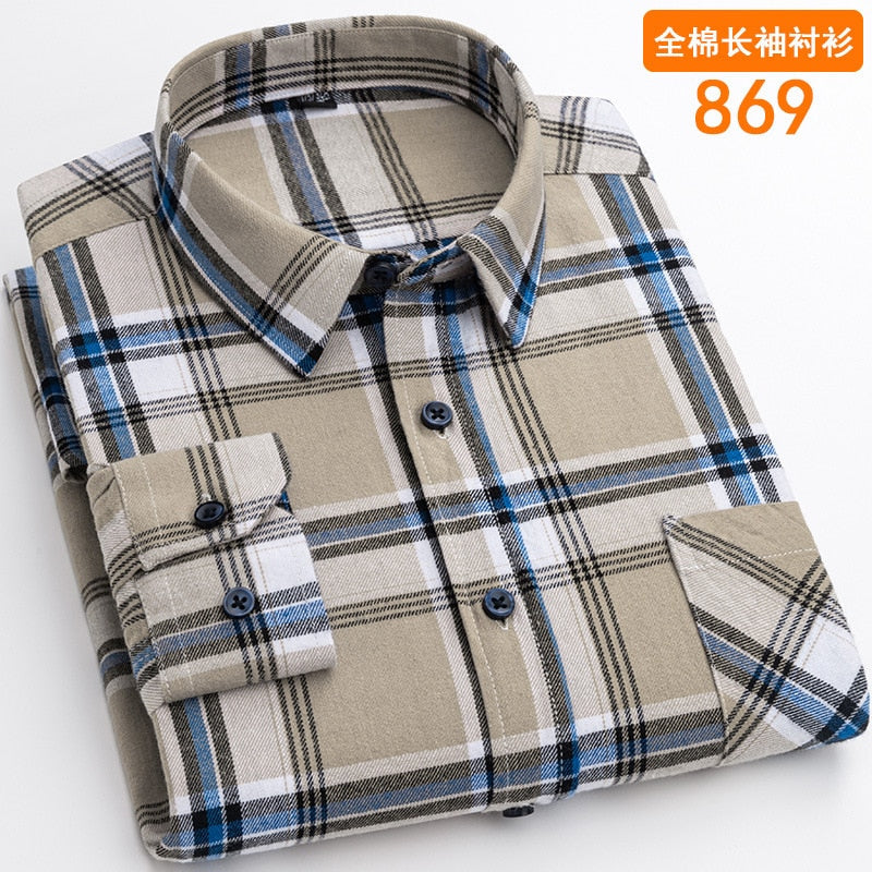 Bonsir 6XL autumn winter Flannel business casual iron free 100% cotton plaid long sleeve men's shirt large quality wrinkle resistant