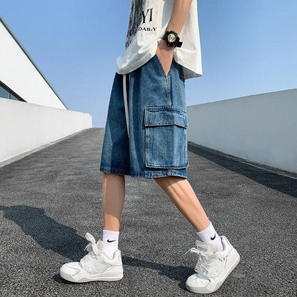 sanyamk Korean Summer Men's Wide Leg Denim Shorts New Fashion Loose Casual Elastic Waist Large Pocket Work Shorts Men's Brand Clothing