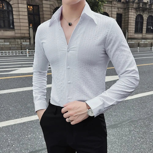 Bonsir Autumn Winter British Style V-neck Striped Shirt Men Slim Fit Casual Shirts Fashion Business Social Formal Dress Shirts 4XL