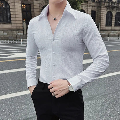 Bonsir Autumn Winter British Style V-neck Striped Shirt Men Slim Fit Casual Shirts Fashion Business Social Formal Dress Shirts 4XL