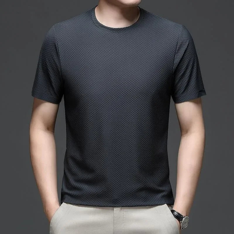 sanyamk 2024 Summer Mesh Ice Silk T-shirt Men's Short Sleeve Round Neck  New Half Sleeve Men Thin Solid Color Tees Top