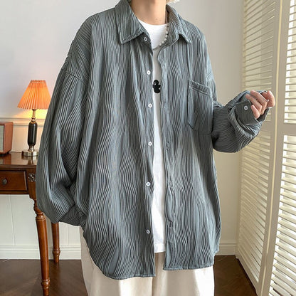 Bonsir Autumn Pleated Shirt Men Fashion 4-color Casual Ice Silk Shirt Mens Japanese Loose Long-sleeved Shirt Mens Large Size M-5XL
