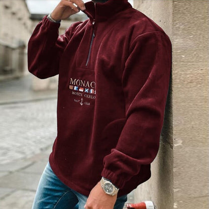 Bonsir Autumn And Winter Warm Thick Tops Men Fashion Letter Printing Loose Pullovers Mens Casual Zip-up Stand Collar Long Sleeve Polos