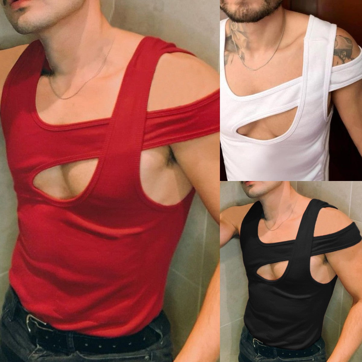 Bonsir Hollow Out Men's Bottoming Tshirt Streetwear Fashion Casual Irregular Shoulder Strap Cotton Vest Men Tank Tops