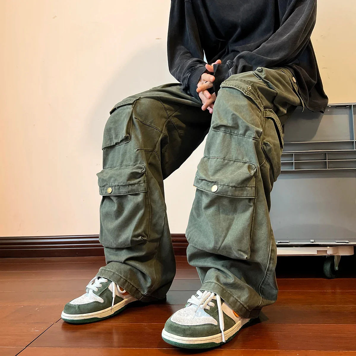 Bonsir Multi-pockets Cargo Pants Harajuku Streetwear Casual Tooling Pant Men's Hip-hop Mopping Trousers Vintage Daily Wide Leg Pants