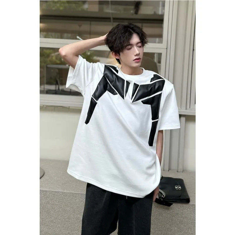 sanyamk  -  Summer Fashion Men T-shirts Black White Contrast PU Leather Patchwork Short Sleeve Tops Tees Hip Hop High Street Clothing