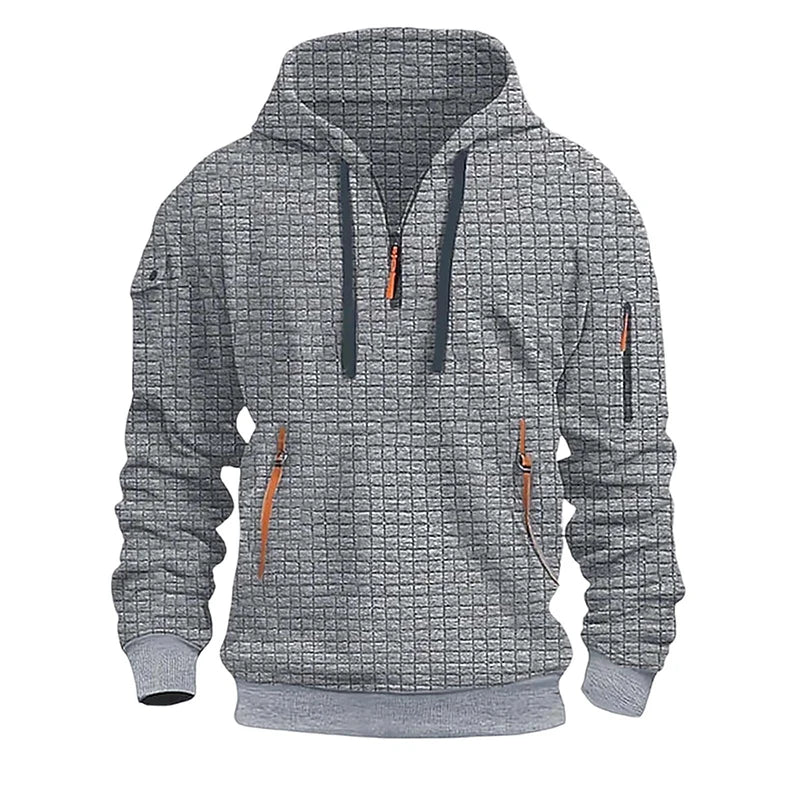 sanyamk  -  New Casual Mens Waffle Plaid Hoodies Spring Fall Fashion Patchwork Pockets Zipper Hooded Sweatshirts For Men Sports Hoodie Tops