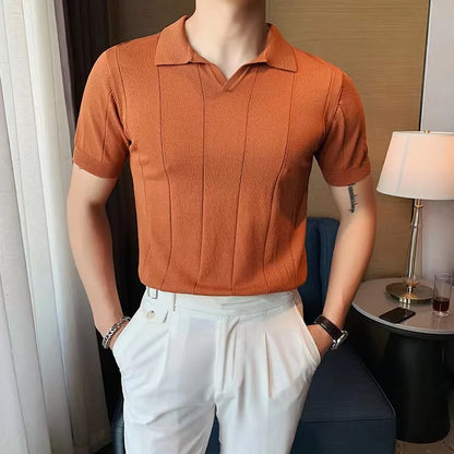 sanyamk  -  New Fashion Knitted Polo Shirt For Men Patchwork V-neck Short Sleeve Tops Japan Style Smart Casual Polos Tshirts Summer