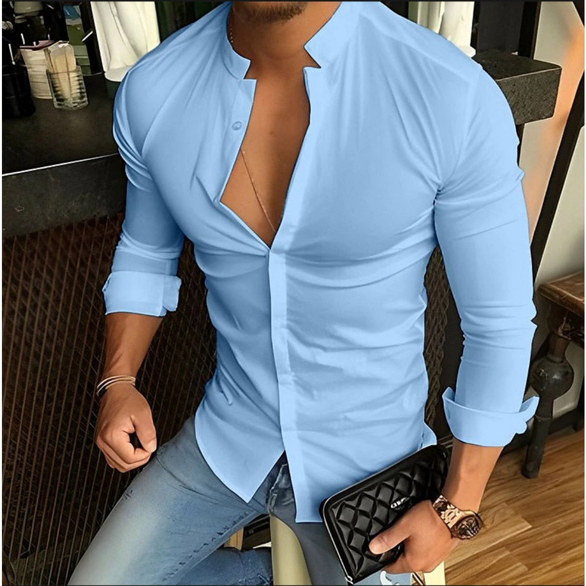 Bonsir Men's Long Sleeve Shirts Casual Streetwear Stand Collar Shirts Solid Color Tops