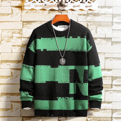 sanyamk New Autumn Men Fashion Sweaters Knitwear Top Contrast Color Stripe Hole Casual Jumper Knit Pull Vintage Jersey Christmas Sweater
