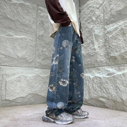 sanyamk Autumn Men Fashion Printed Jeans Denim Male Harajuku Trousers Korean Style High Street Loose Hip Hop Woman Wide-leg Jean Pants