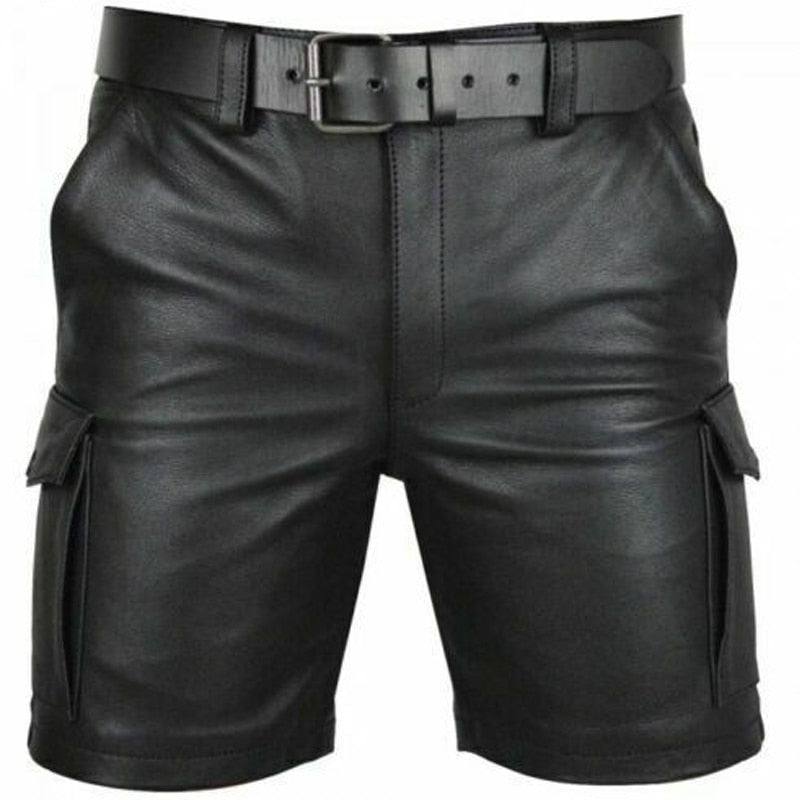 Bonsir Fashion Solid Color Faux Leather Shorts Spring Summer Leisure Pockets Cargo Short Pant Men's Casual Slim Shorts Streetwear