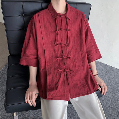 sanyamk Men's Cotton Linen Summer Shirt Chinese Wind Tang Short-sleeved Tops Hanfu Casual Loose Taiji Suit Kung Fu New Shirt T-shirt