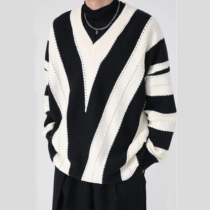 Bonsir Autumn Winter Men V-neck Stripe Loose Casual Vintage Fashion Pullover Sweater Male Women Streetwear Couple Knit Sweater Coat